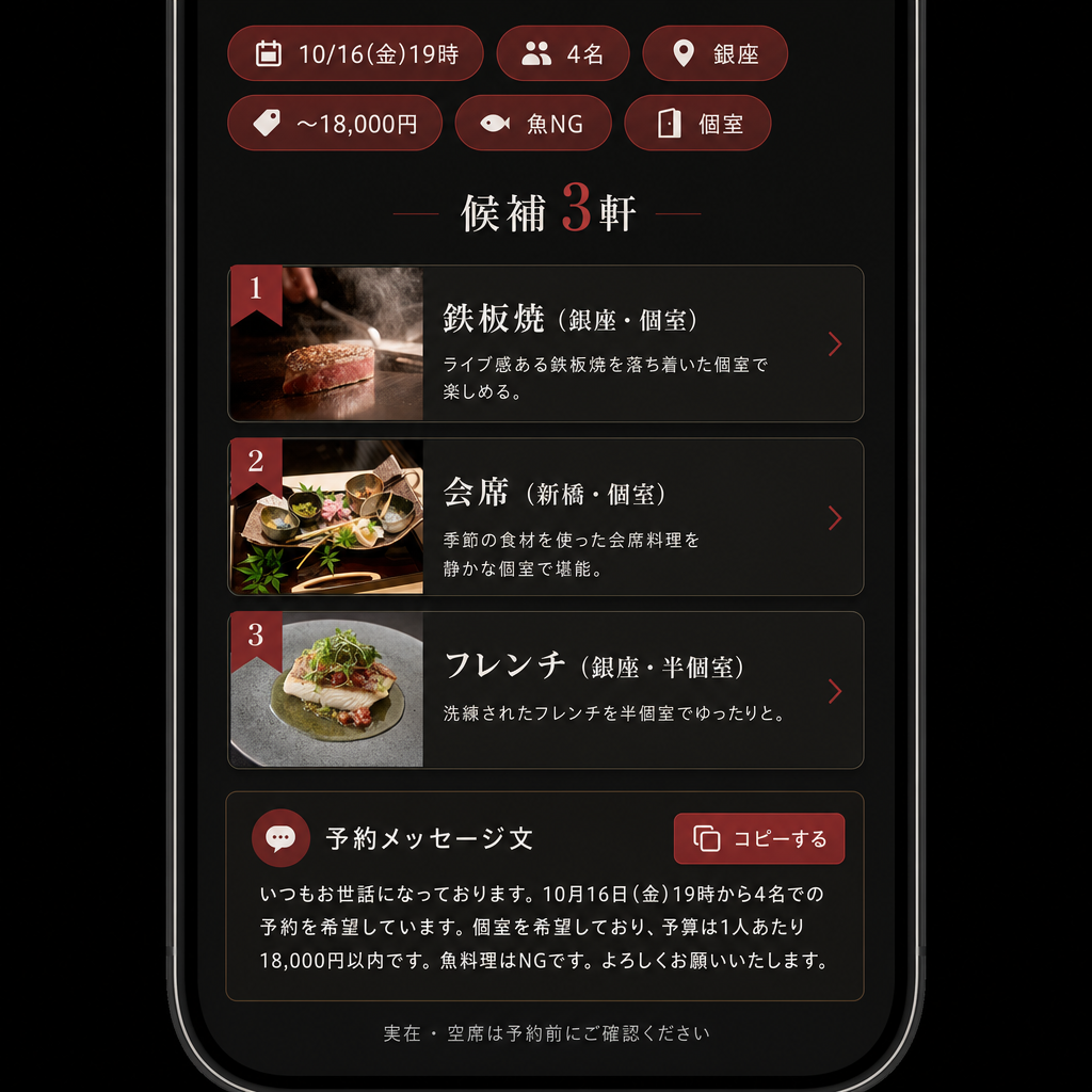 サンケンのAI提案例(3軒と予約メッセージ文)